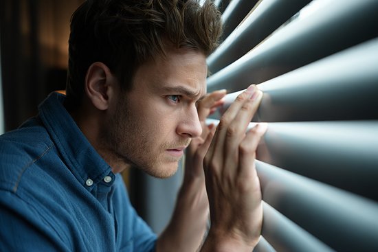 Мужчина смотрит в окно через щелку через жалюзи